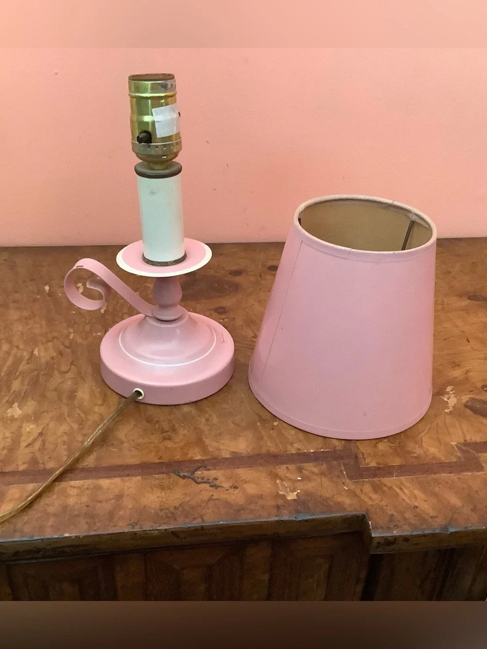 Vintage Pink Enamel Finger Loop Candlestick Lamp 13” with Floral Paper Shade
